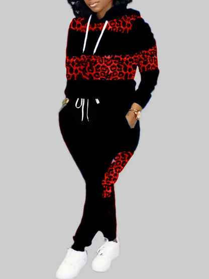 Plus Size Autumn Women Long Sleeves Two Pieces Hooded Collar Leopard Print Tracksuit Set Sweatshirts Pullover Hoodies Pant