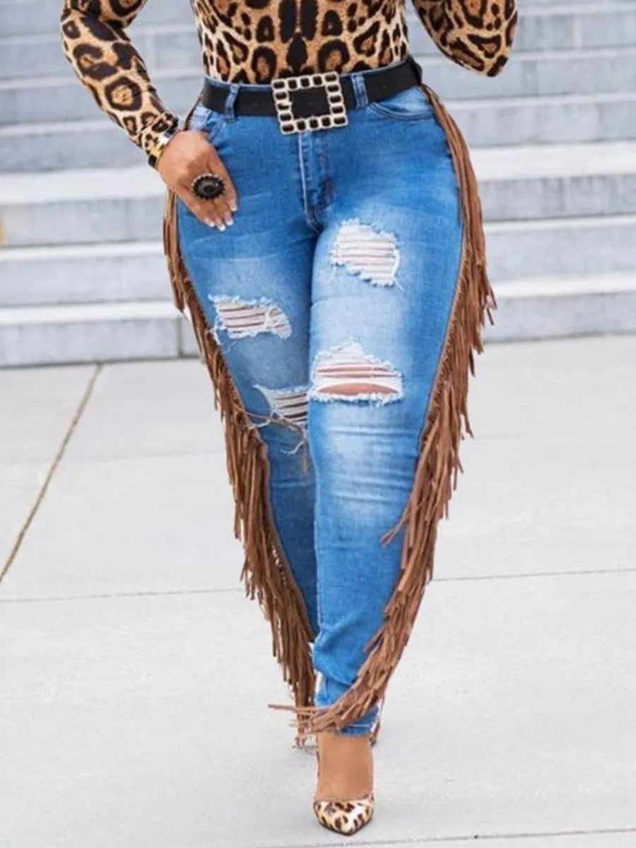 Plus Size Summer Jeans Tassel Design Ripped Skinny Pants Ladies Y2K High Street Cargo Pants