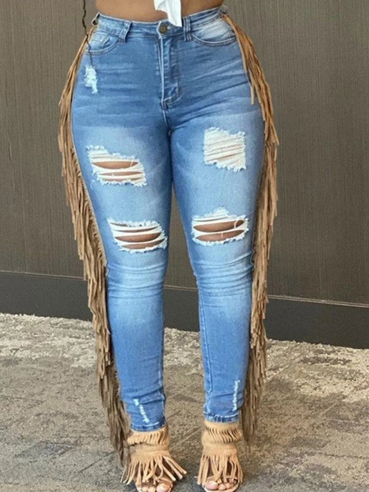 Plus Size Summer Jeans Tassel Design Ripped Skinny Pants Ladies Y2K High Street Cargo Pants