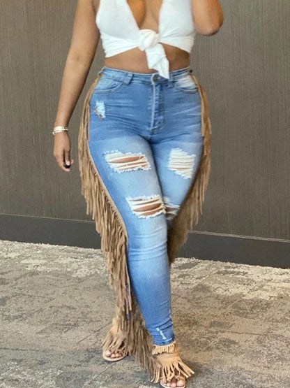 Plus Size Summer Jeans Tassel Design Ripped Skinny Pants Ladies Y2K High Street Cargo Pants