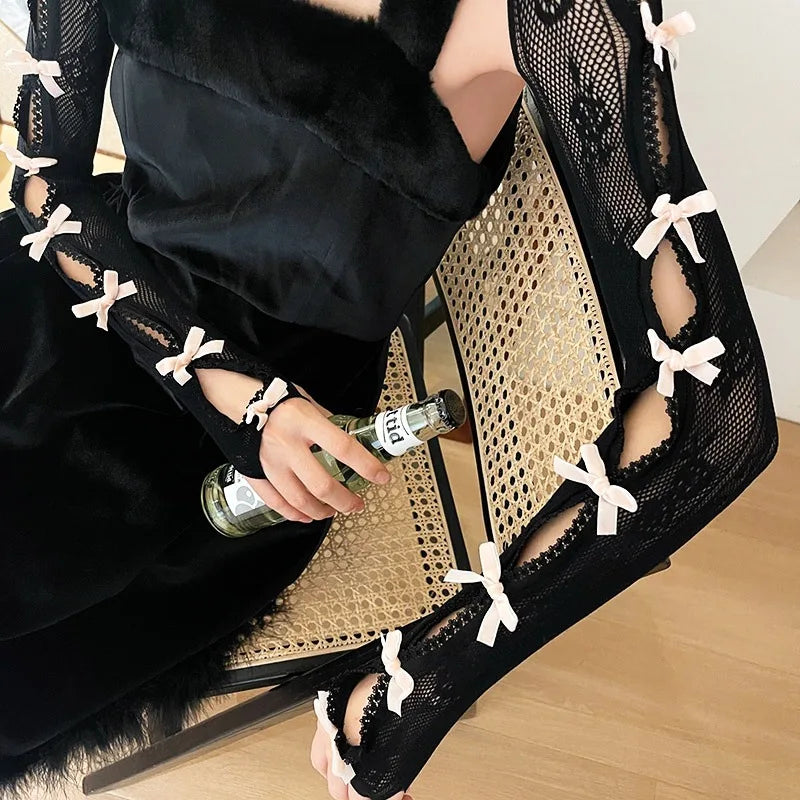 Lace Oversleeve Wraps Bowknot Fingerless Gloves Y2k Arm Warmers Women’s Lolita Accessories Lace Cuffs Party Glove With Bow 2025