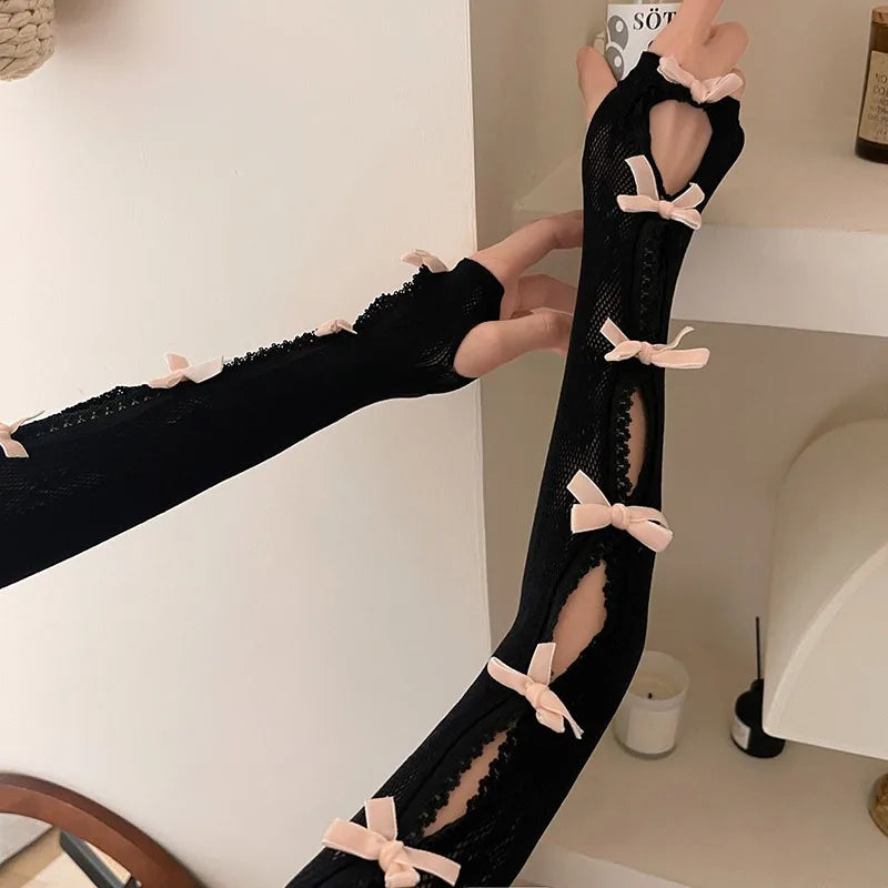 Lace Oversleeve Wraps Bowknot Fingerless Gloves Y2k Arm Warmers Women’s Lolita Accessories Lace Cuffs Party Glove With Bow 2025