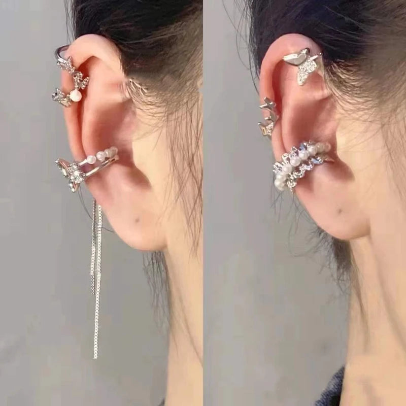 Korean Delicate Zircon Butterfly Clip Earrings for Women Elegant Pearl No Piercing Cartilage Jewelry