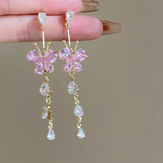 Pink Butterfly Tassel Dangle Earrings with Zirconia for Women and Girls - Delicate Flower Pendientes Jewelry