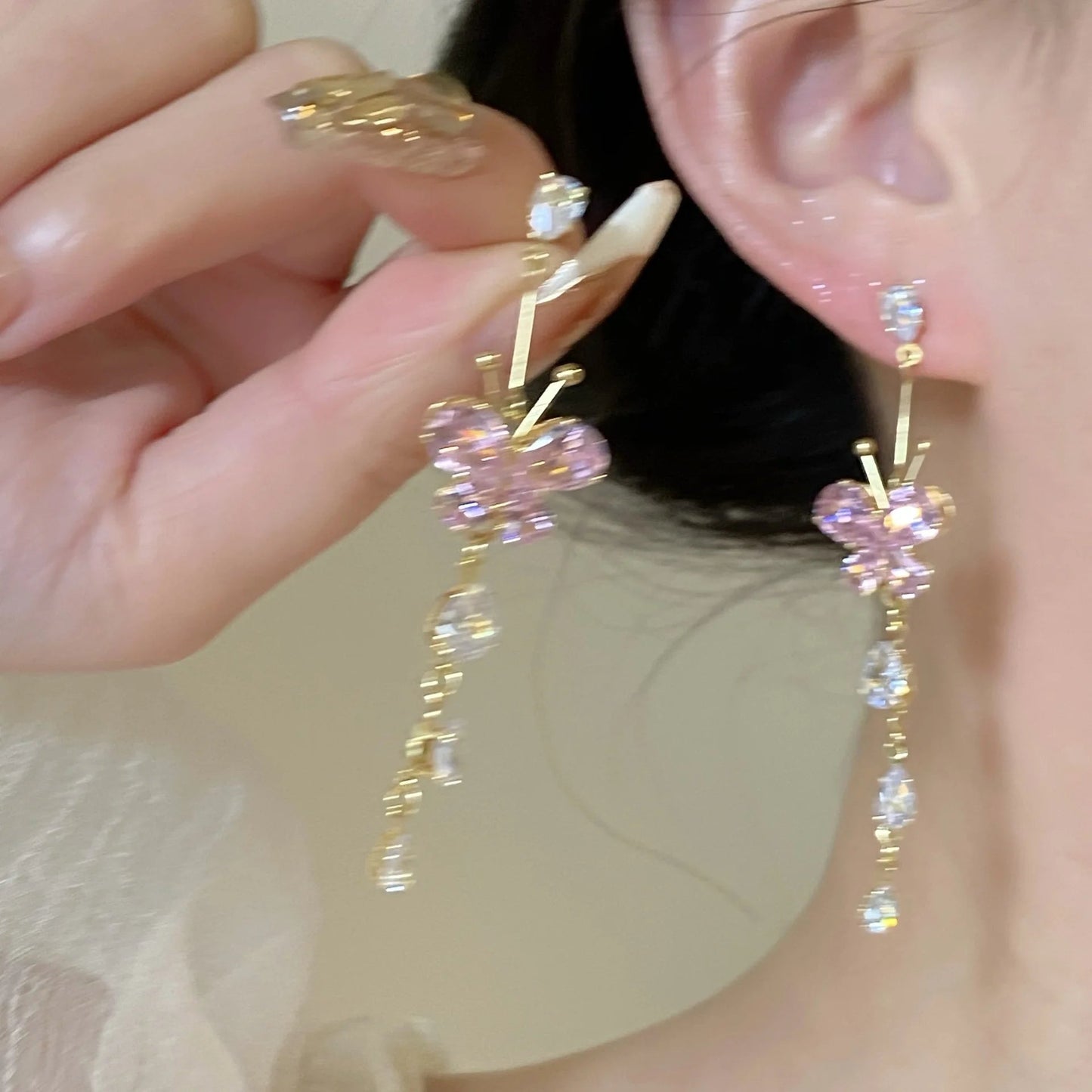 Pink Butterfly Tassel Dangle Earrings with Zirconia for Women and Girls - Delicate Flower Pendientes Jewelry