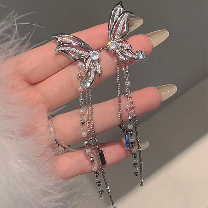Lizakosht Korean Fashion Butterfly Earrings with Zirconia and Pearl Tassel for Women Modern Ear Clips