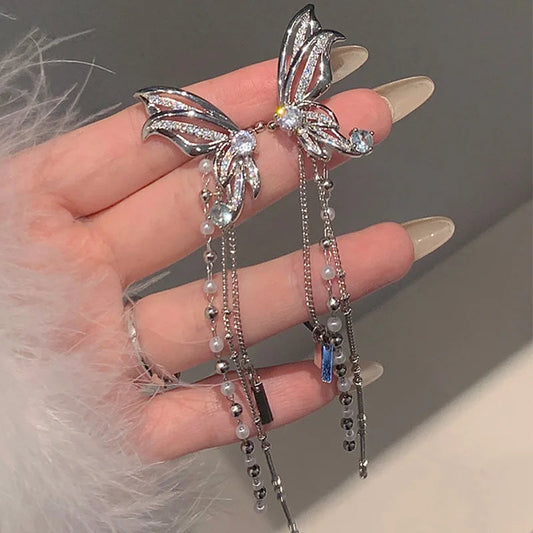 Lizakosht Korean Fashion Butterfly Earrings with Zirconia and Pearl Tassel for Women Modern Ear Clips