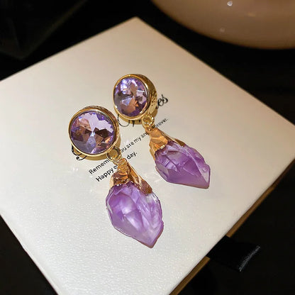 Lizakosht Retro Purple Round Crystal Irregular Dangle Earrings for Women Girls Modern Aretes De Mujer