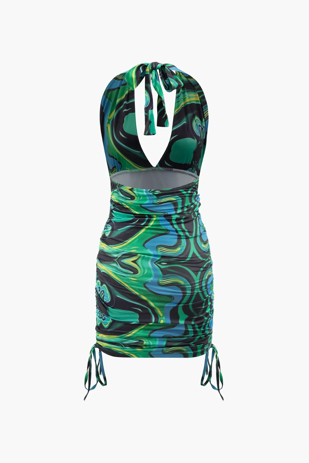Mattey Green Printed Tie Ruched Halter Bodycon Mini Dress