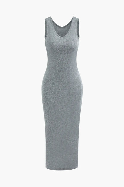 Mio Grey V-neck Sleeveless Maxi Dress and Hooded Crop Sweatshirt Set