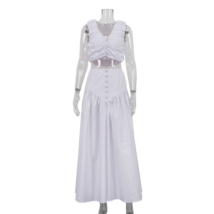 Conjunto de dos piezas de chaleco plisado francés con cintura alta y falda con dobladillo ancho