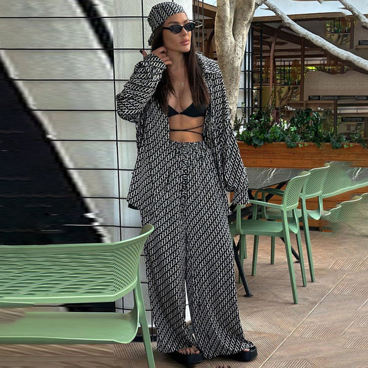 Women Clothing Spring High Grade Long Sleeved Loose Shirt Trousers Two Piece Satin Printed Suit