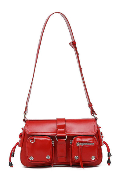 Crimson Utility Buckle Shoulder Bag – Multi-Pocket Street Style