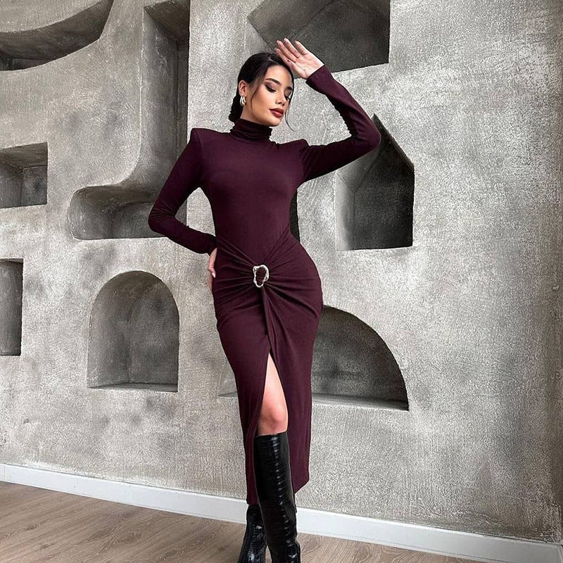 Fall Women Clothing High Collar Long Sleeve Waist Sexy High Split Slim Fit Sexy Hip Bag Dress