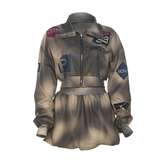 Ropa de otoño para mujer, conjunto de dos piezas con top de manga larga y estampado de calle con personalidad y bolso de cadera