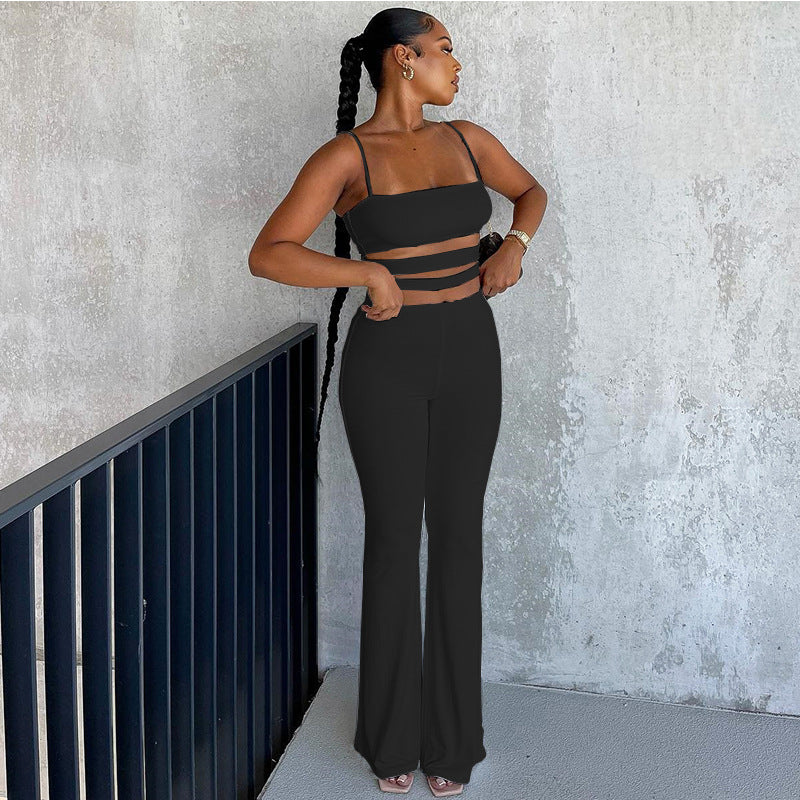 Ropa de otoño e invierno para mujer, chaleco con tirantes y pantalones de color liso con recortes, traje informal ajustado.