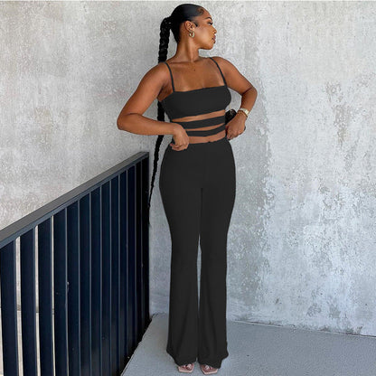 Ropa de otoño e invierno para mujer, chaleco con tirantes y pantalones de color liso con recortes, traje informal ajustado.