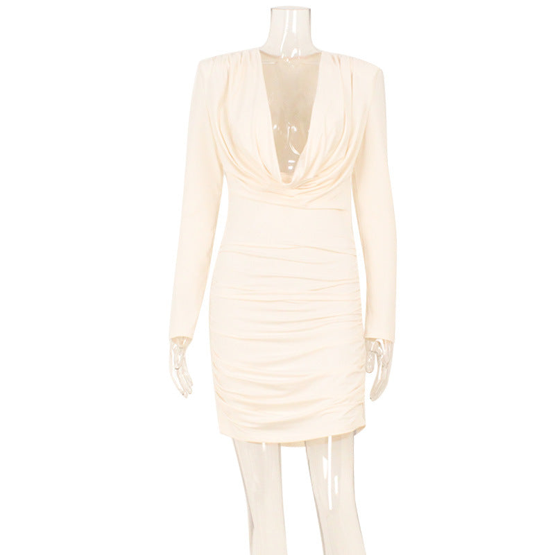 Women Clothing Swing Collar Low Cut Solid Color Simple Waist Fitted Workplace Adult Lady like Woman Hip Bag Dress