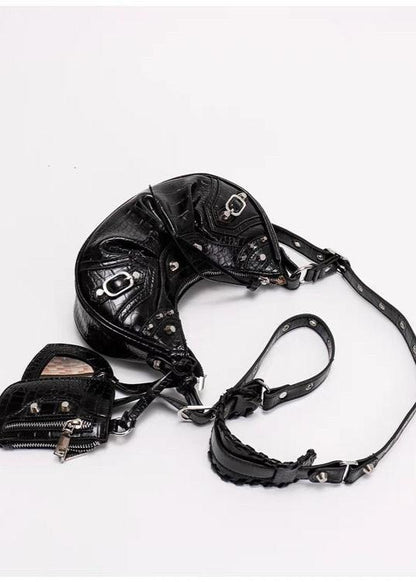 Croc-Embossed Multi-Strap Crescent Bag