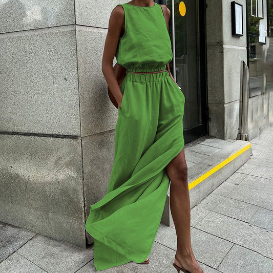 Chaleco sin mangas de algodón y lino con pantalones de pierna ancha divididos, traje de primavera y verano de dos piezas para mujer
