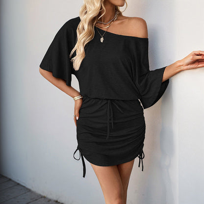 Summer Casual off Shoulder Casual Dress Drawstring Bag Hip Dress