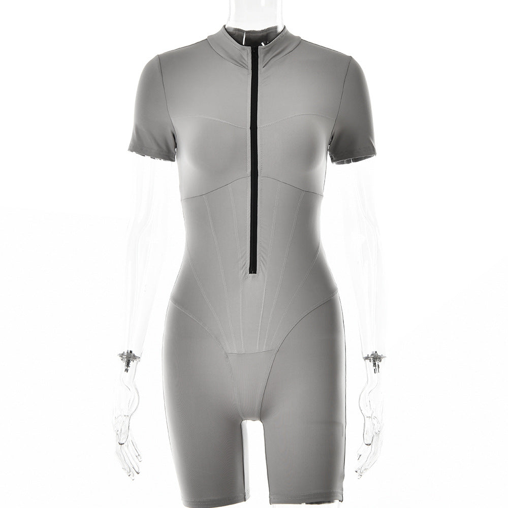 Mono ajustado sexy de otoño e invierno, de manga corta, con cremallera y camisa a rayas para mujer