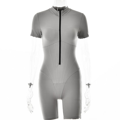 Mono ajustado sexy de otoño e invierno, de manga corta, con cremallera y camisa a rayas para mujer