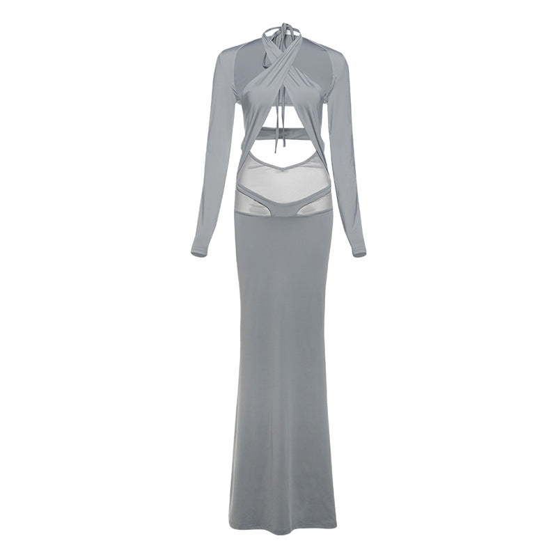 Conjunto de vestido de primavera para mujer, blusa de manga larga ajustada de color liso con cuello halter y cordones.