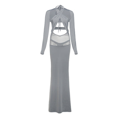 Conjunto de vestido de primavera para mujer, blusa de manga larga ajustada de color liso con cuello halter y cordones.