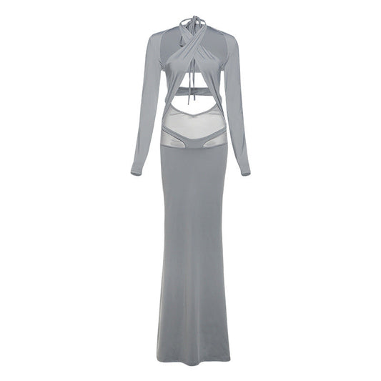 Conjunto de vestido de primavera para mujer, blusa de manga larga ajustada de color liso con cuello halter y cordones.