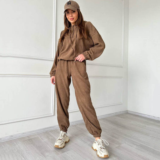 Corduroy Suit Women Sports Casual Autumn Winter Zipper Hooded Sweatshirt Sweatpants Two Piece Set Women
