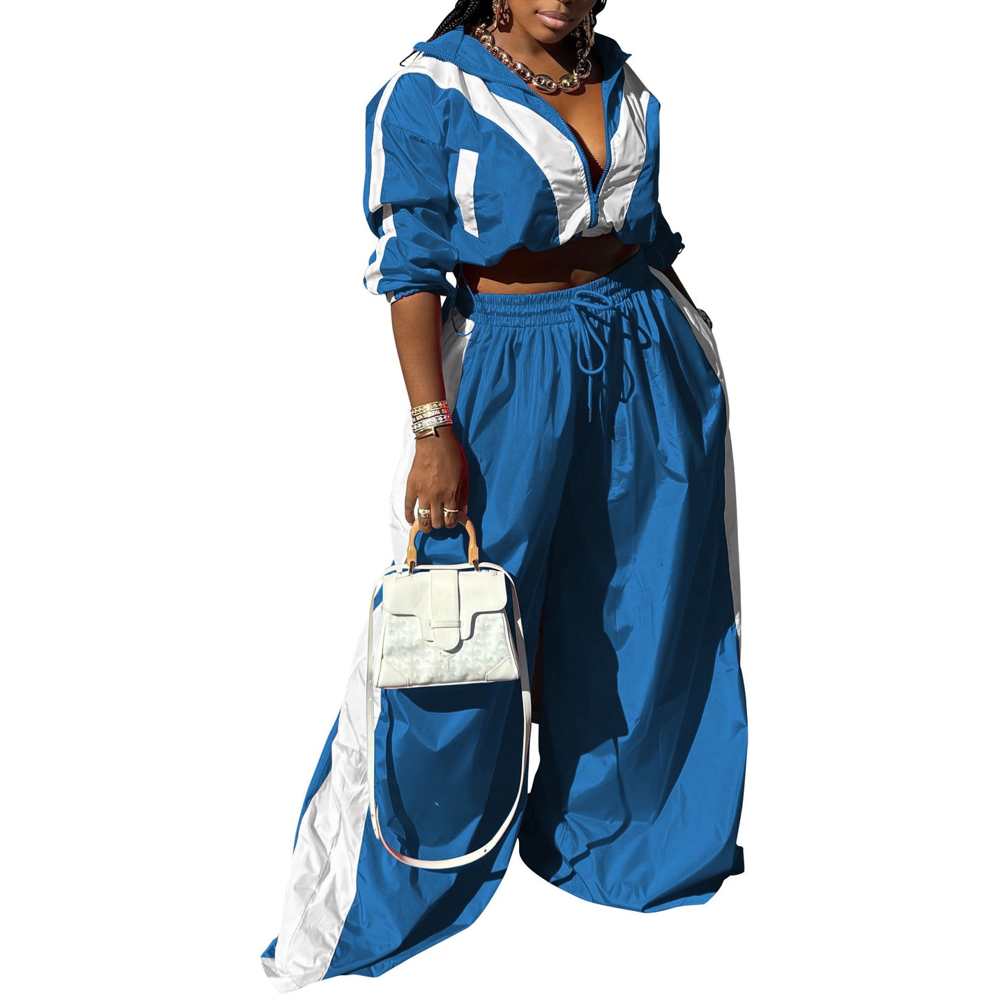 Women Clothing Sportswear Suit Woven Baggy Coat Two Piece Set Stitching Spring Autumn