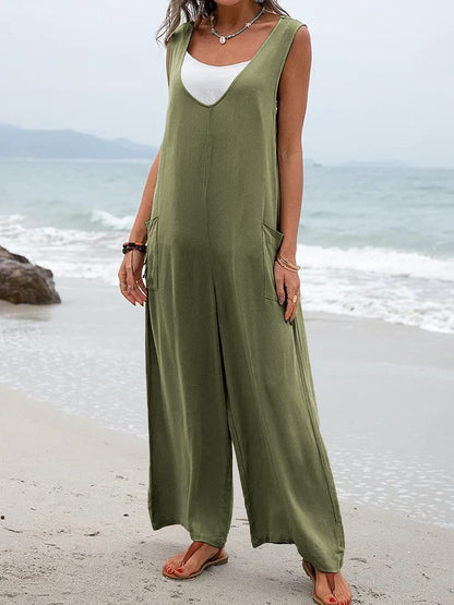 Mono con cuello en V y tirantes, pantalones de pierna ancha, pegatinas de colores sólidos, populares para mujer en verano
