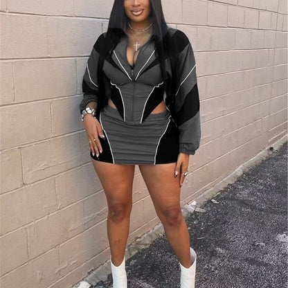 Conjunto deportivo sexy de otoño para mujer, holgado, informal, con contraste de color, de manga larga y abrigo con falda