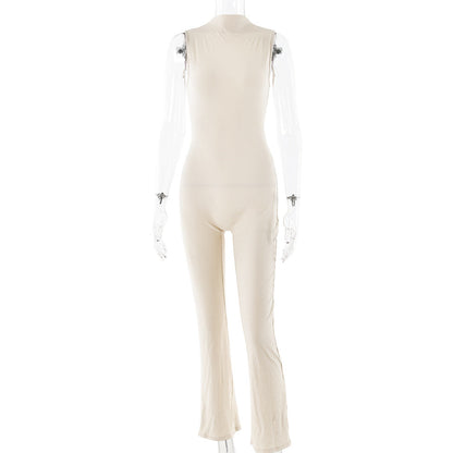 Mono de mujer con cuello redondo, sin mangas, color liso, pantalones acampanados, mallas, sexy, deportivo