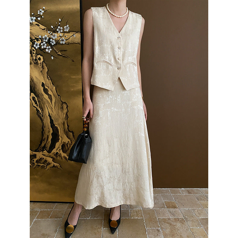Conjunto de dos piezas de chaleco y falda de jacquard chino elegante de principios de primavera