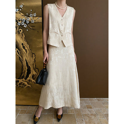 Conjunto de dos piezas de chaleco y falda de jacquard chino elegante de principios de primavera