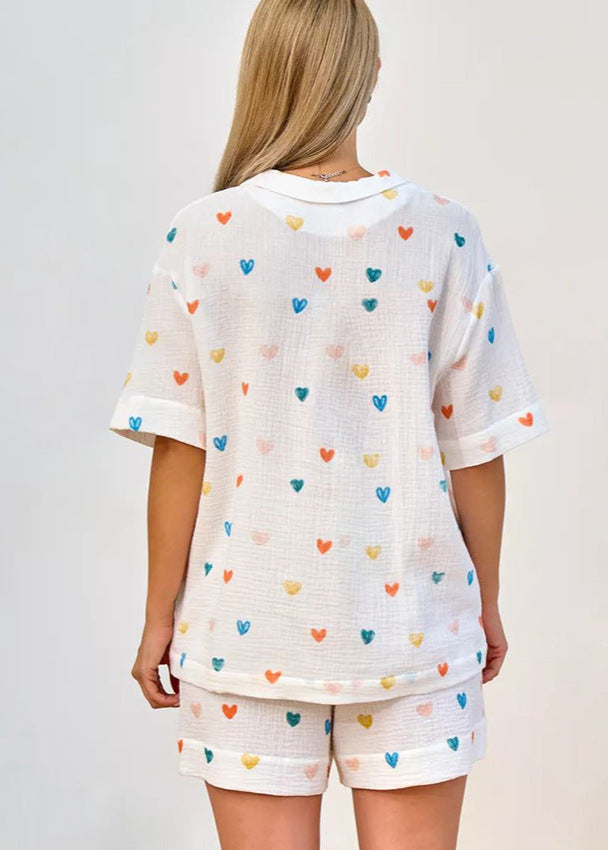 Cotton Gauze Heart Print Pajama Set