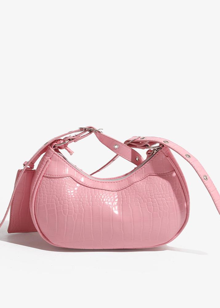 Croc-Embossed Multi-Strap Crescent Bag