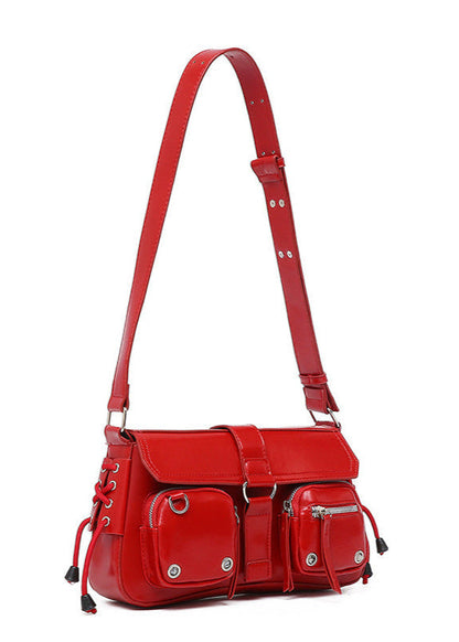 Crimson Utility Buckle Shoulder Bag – Multi-Pocket Street Style
