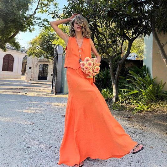 Conjunto de falda y chaleco de lino y algodón para mujer, conjunto informal de verano con falda y chaleco grande