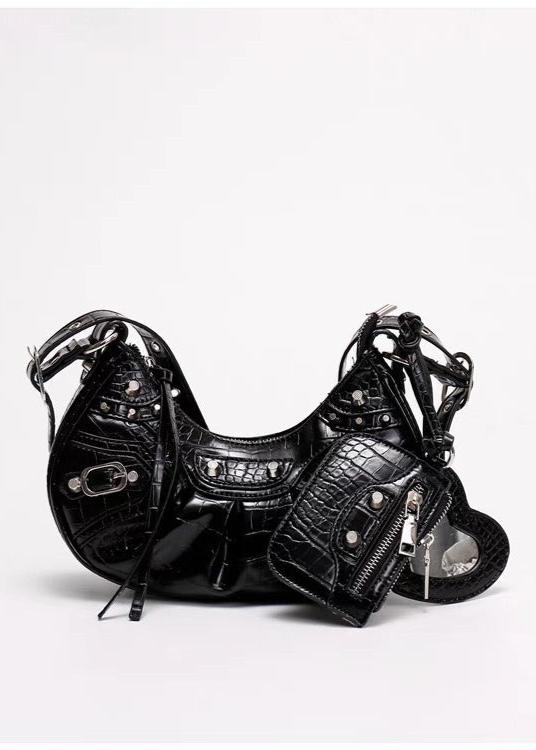 Croc-Embossed Multi-Strap Crescent Bag