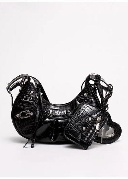 Croc-Embossed Multi-Strap Crescent Bag