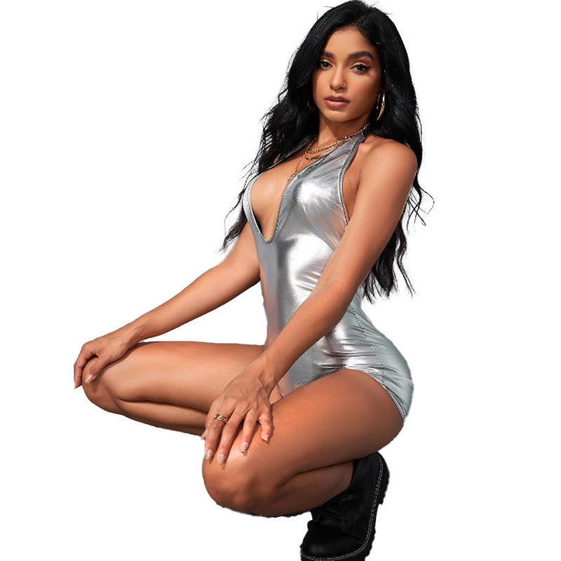 Mono sexy de discoteca para mujer, de tela revestida metálica, de cintura alta, ajustado, sin espalda, escote en V profundo, con cordones, sexy