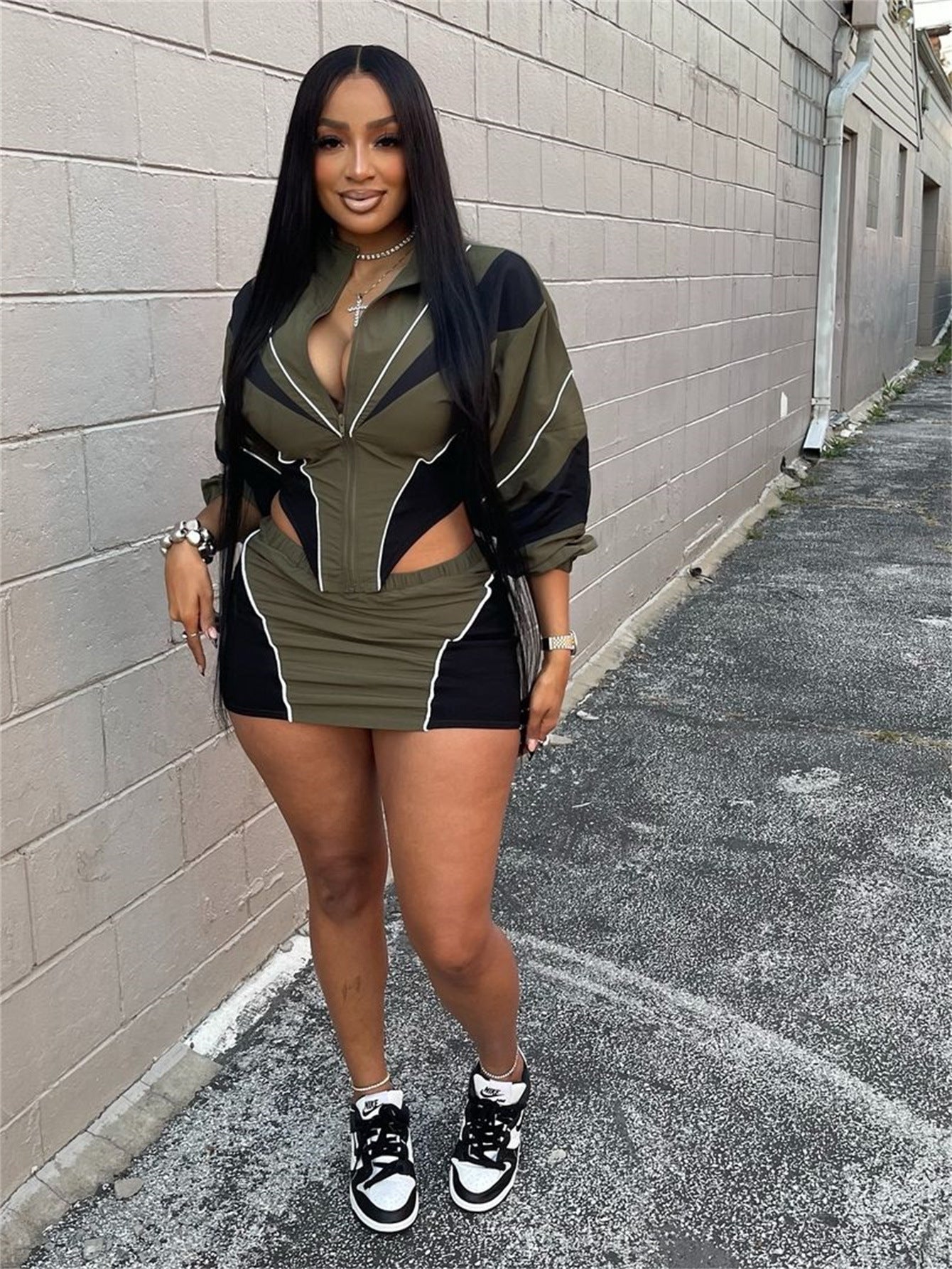 Conjunto deportivo sexy de otoño para mujer, holgado, informal, con contraste de color, de manga larga y abrigo con falda