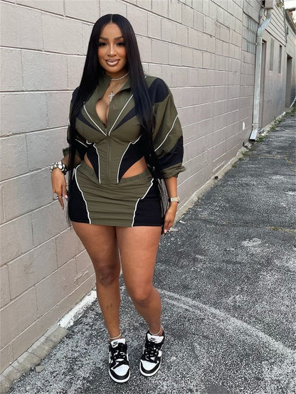 Conjunto deportivo sexy de otoño para mujer, holgado, informal, con contraste de color, de manga larga y abrigo con falda