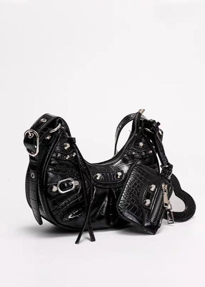 Croc-Embossed Multi-Strap Crescent Bag