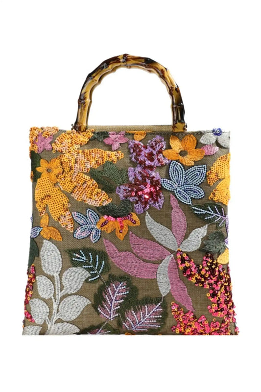 Bolso de mano con asa de bambú y bordado de lentejuelas 