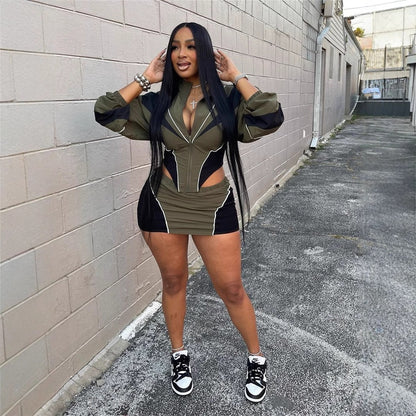 Conjunto deportivo sexy de otoño para mujer, holgado, informal, con contraste de color, de manga larga y abrigo con falda