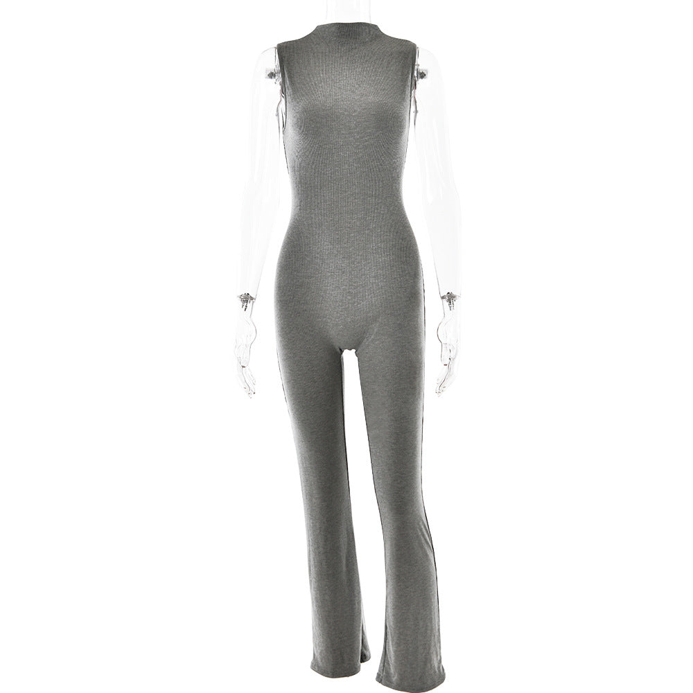 Mono de mujer con cuello redondo, sin mangas, color liso, pantalones acampanados, mallas, sexy, deportivo